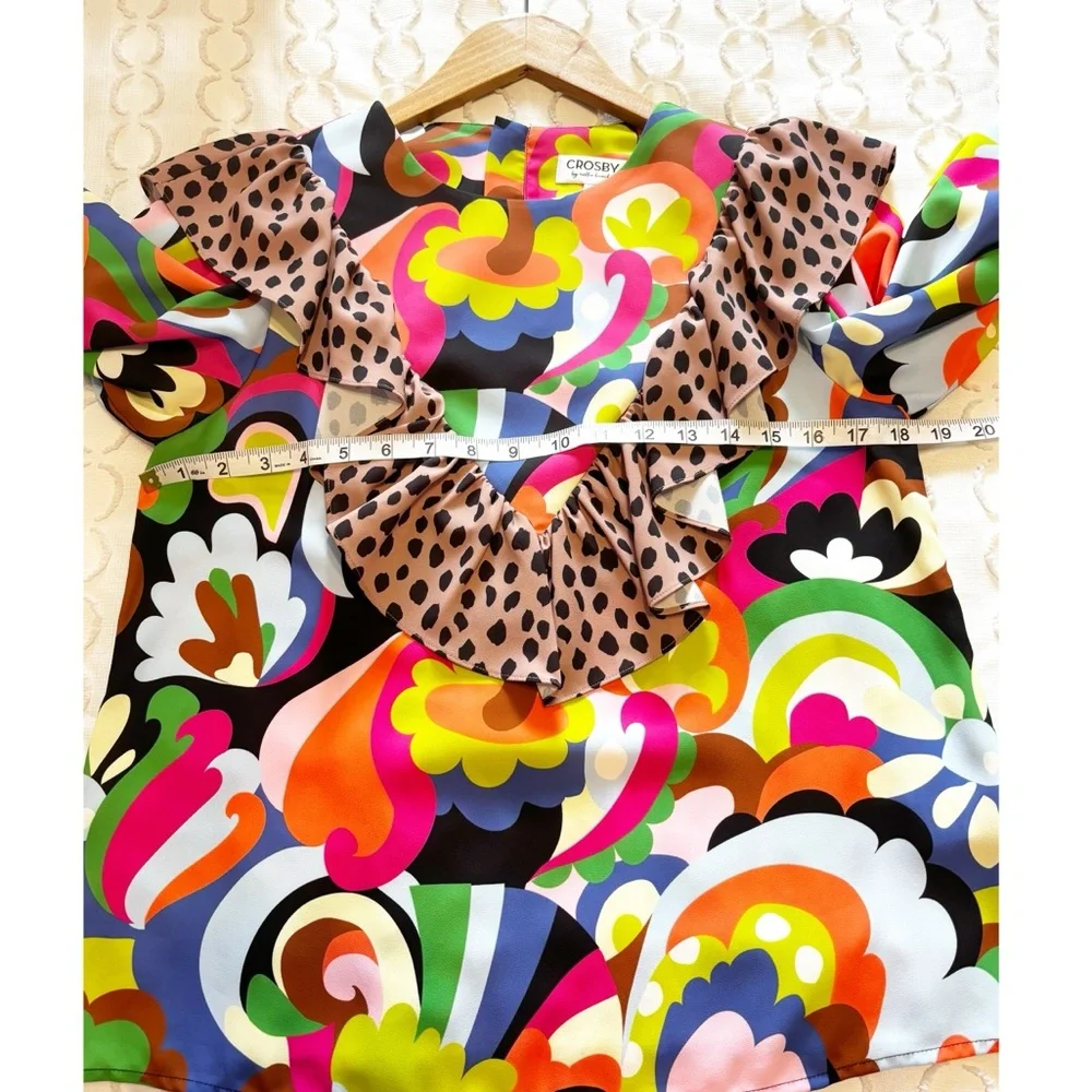 Crosby by Mollie Burch Retro Print Blouse‎ with Contrast Animal Print Ruffle
